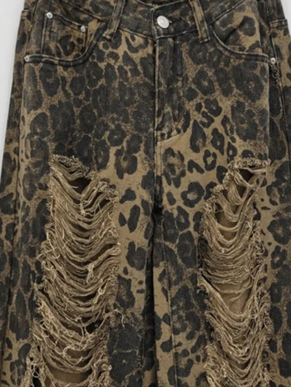 Leopard Print Distressed Wide Leg Jeans - Brown/Black